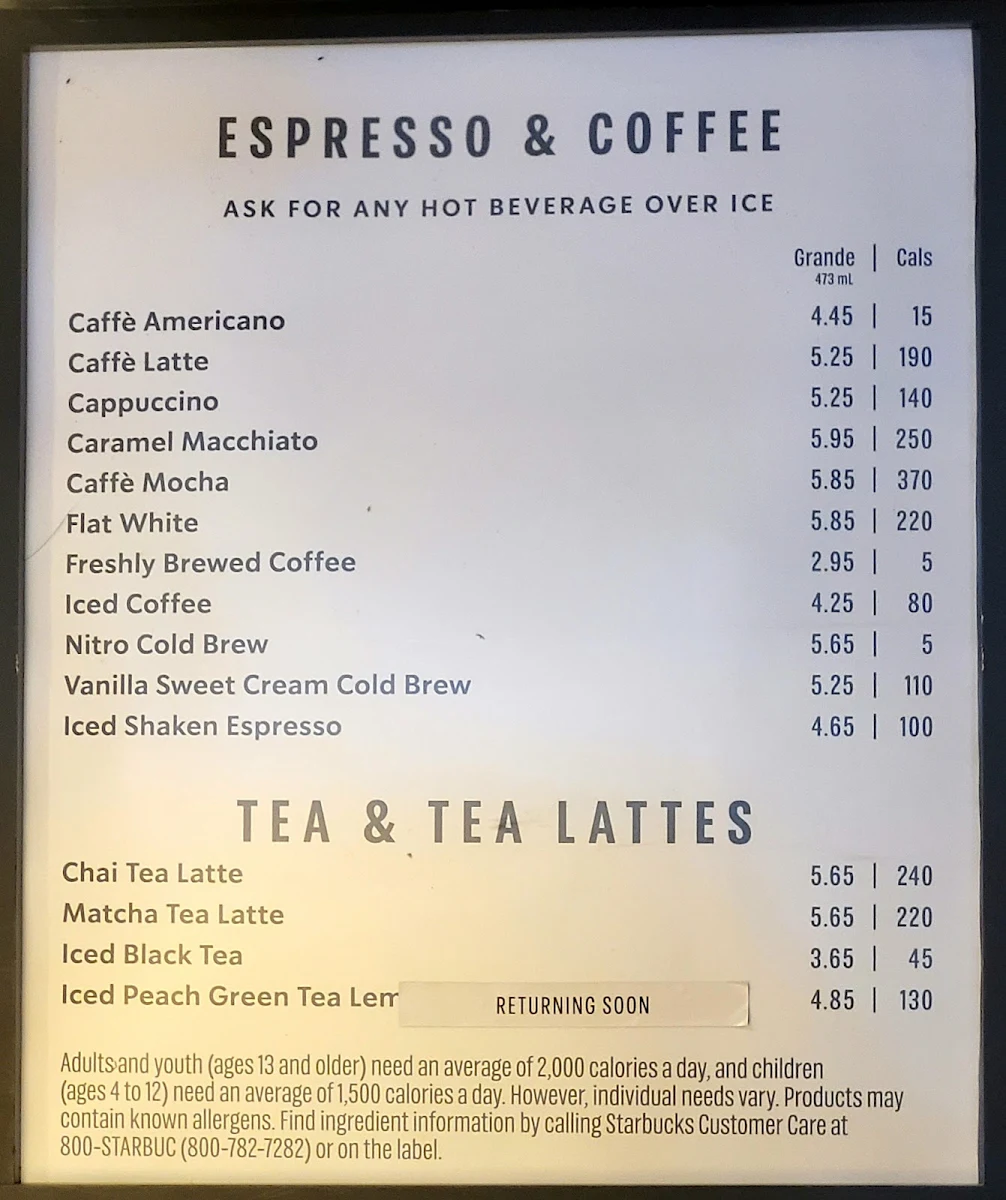 Menu, Starbucks Coffee Company