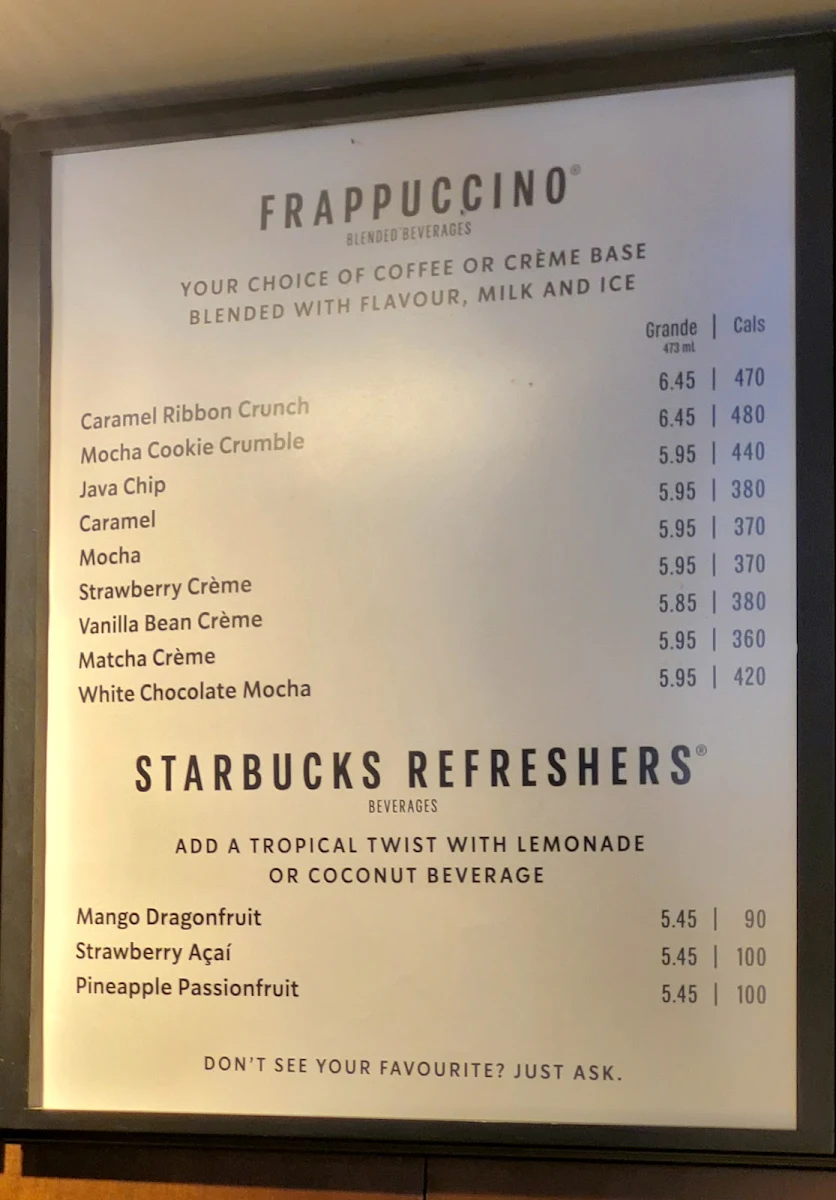 Menu, Starbucks Coffee Company