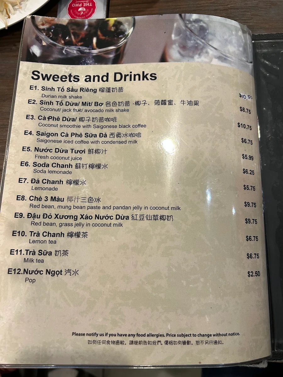 Menu, The Pho Restaurant