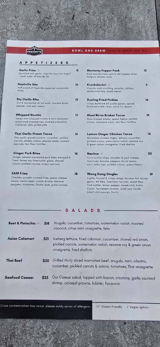 Menu, Freddy's Brewpub