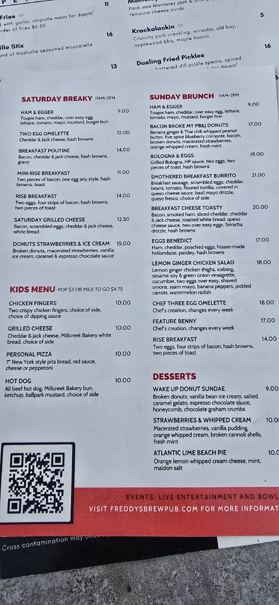 Menu, Freddy's Brewpub