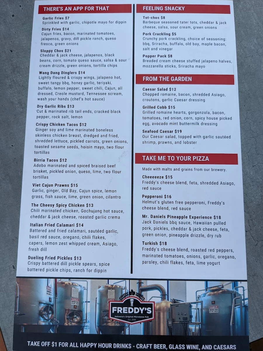 Menu, Freddy's Brewpub