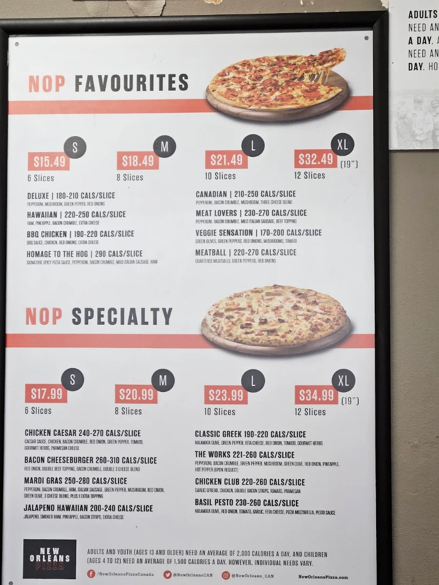 Menu, New Orleans Pizza