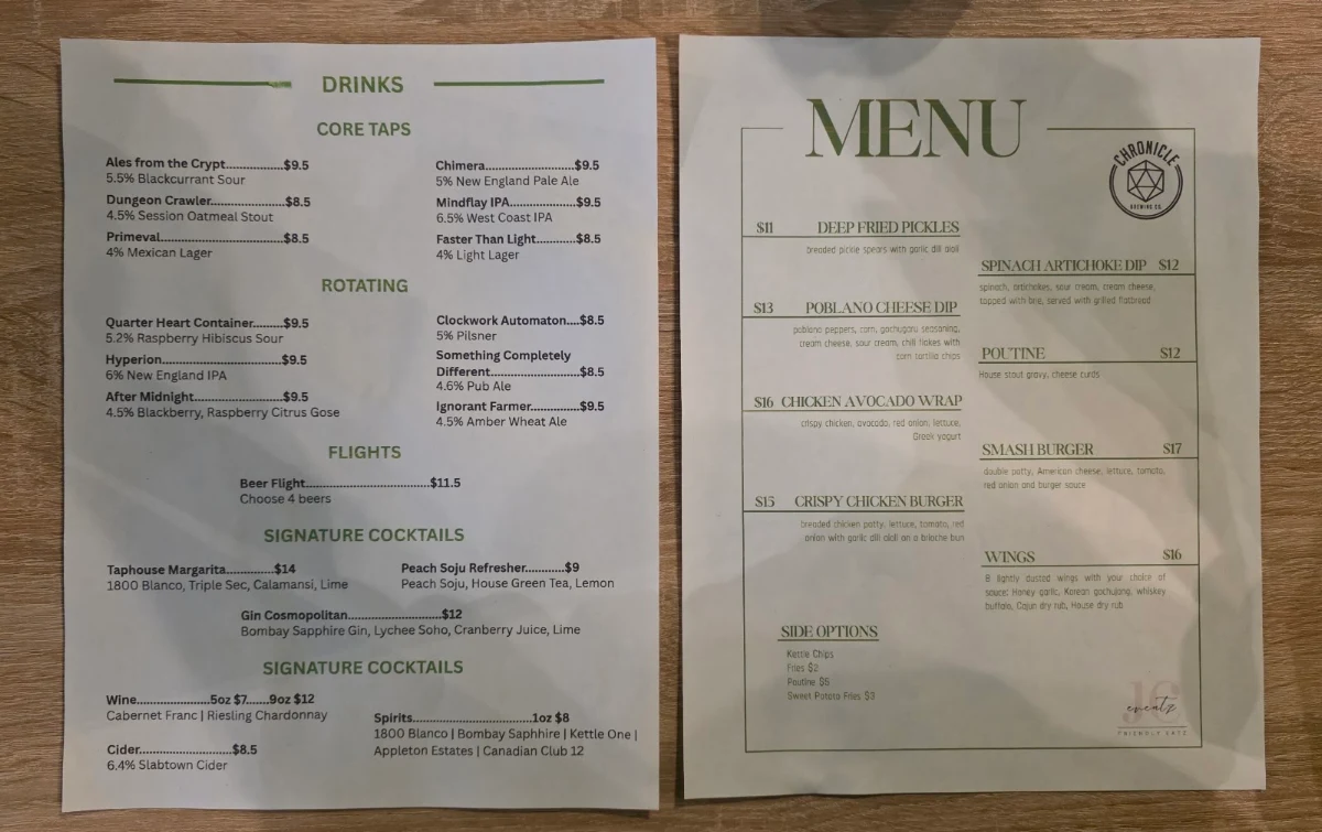 Menu, Chronicle Pub & Grill