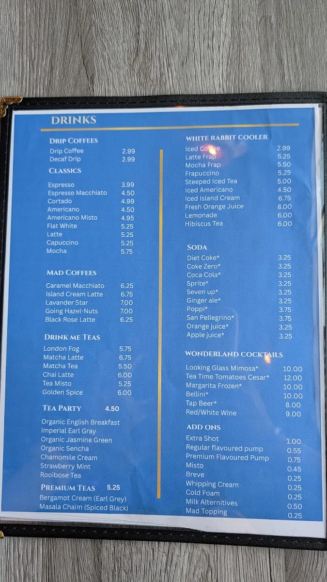 Menu, Mad Hatter Bistro
