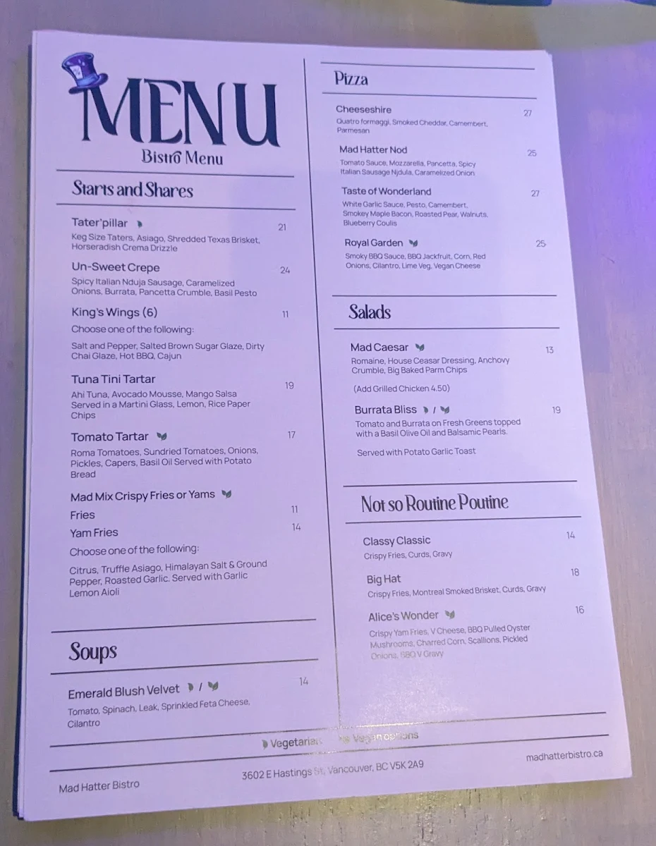 Menu, Mad Hatter Bistro
