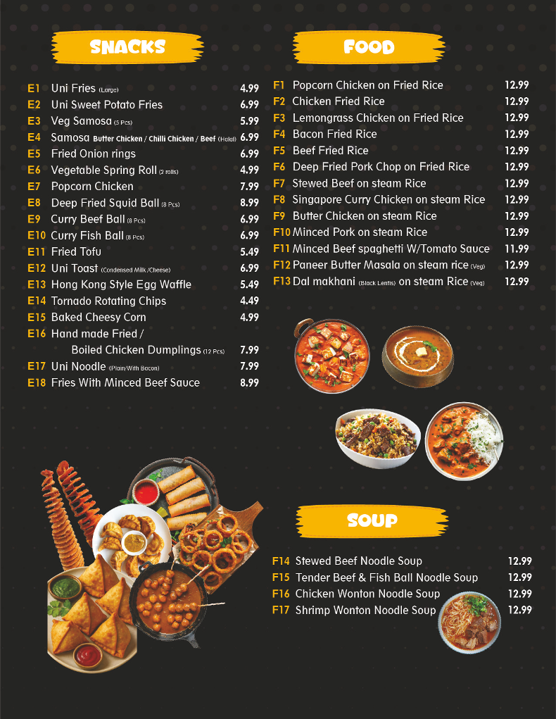 Menu, Uni Bubble Tea & Cafe