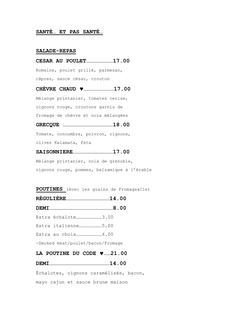 Menu, Le Pub