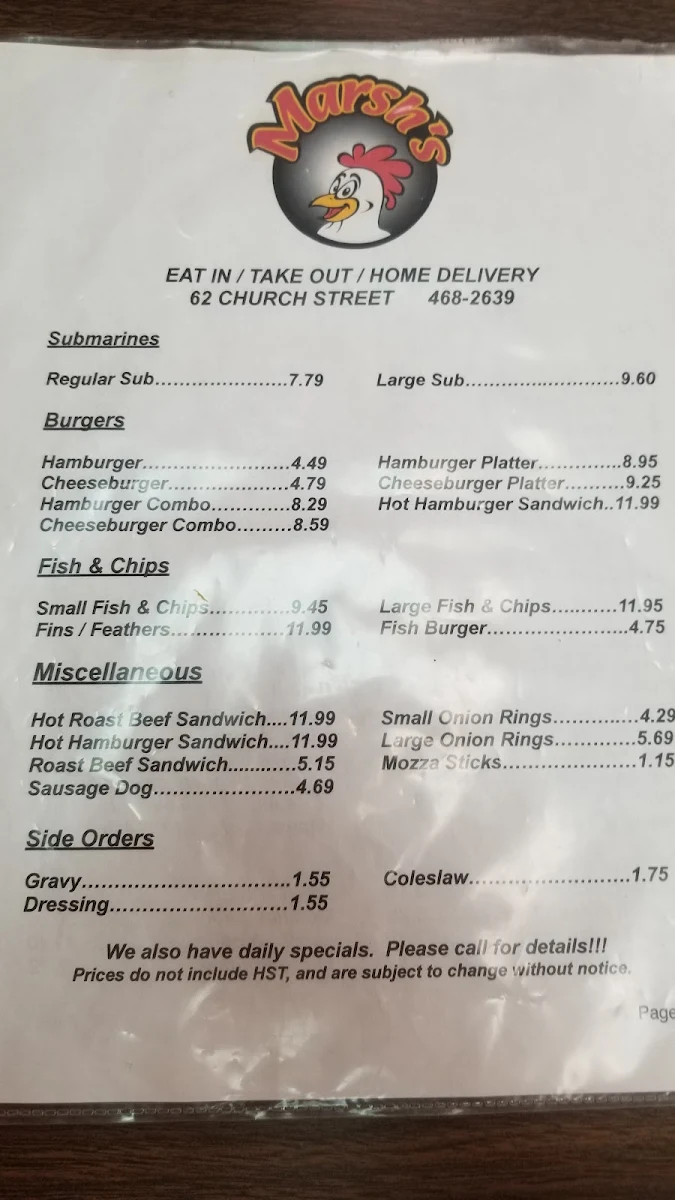 Menu, Marsh's Snack Bar