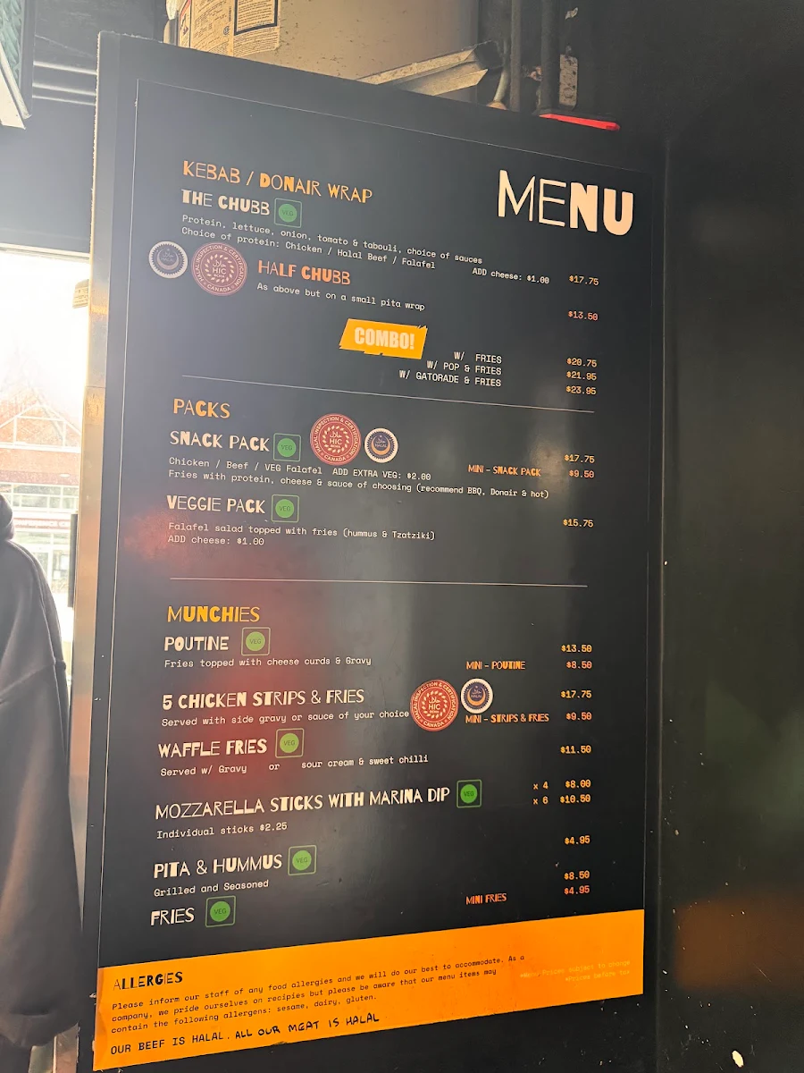 Menu, Chubby Ducks Donair, Kebab & Poutine