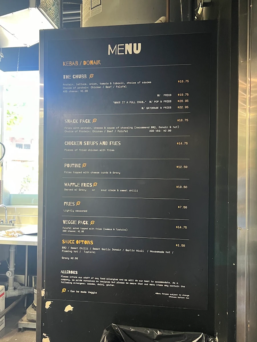 Menu, Chubby Ducks Donair, Kebab & Poutine