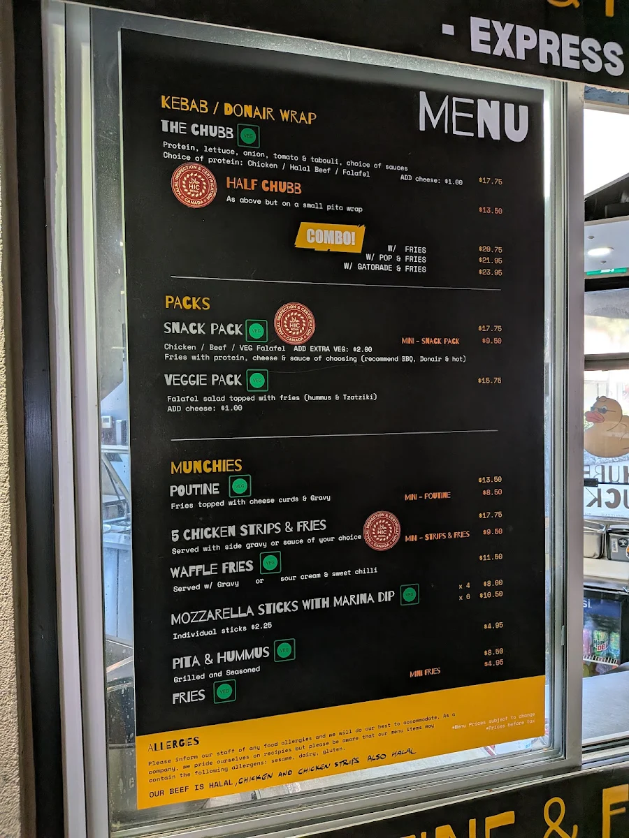 Menu, Chubby Ducks Donair, Kebab & Poutine