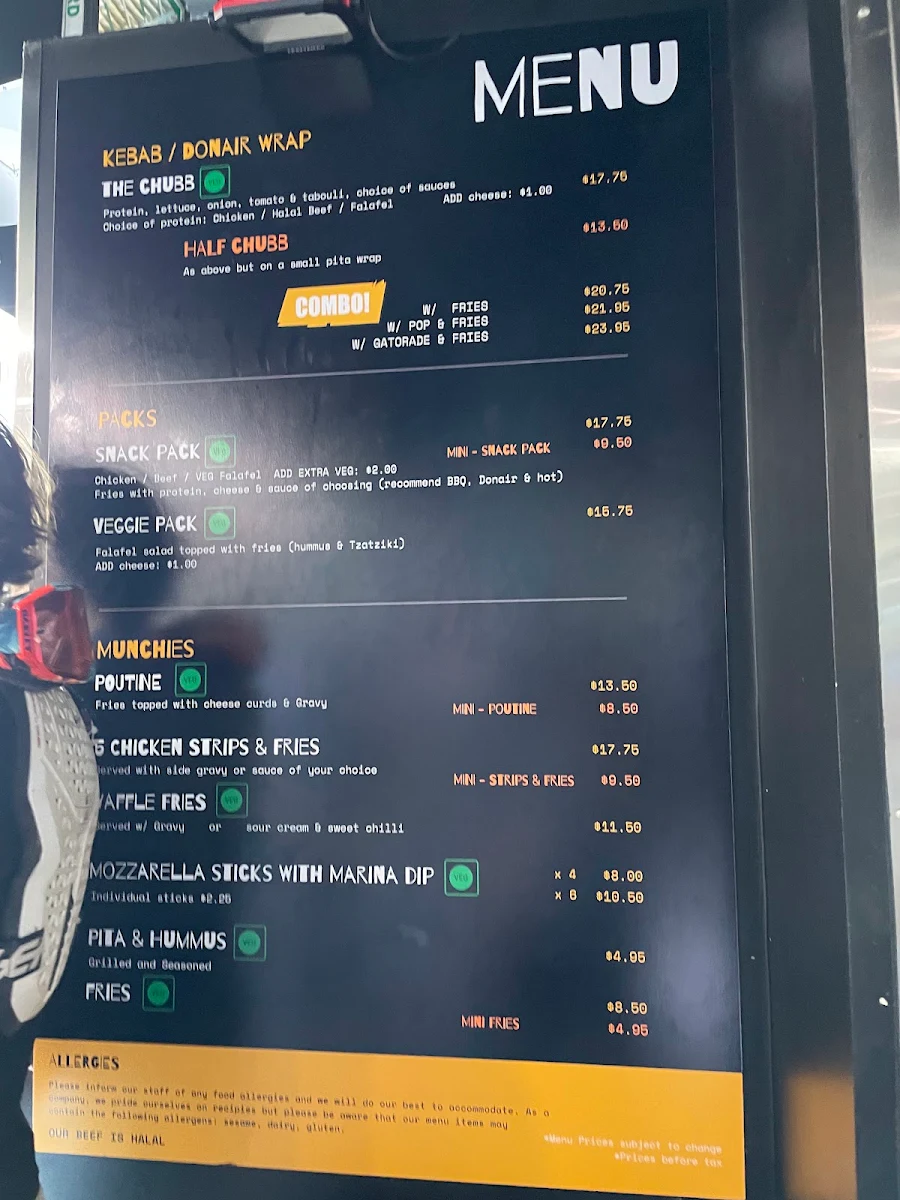 Menu, Chubby Ducks Donair, Kebab & Poutine