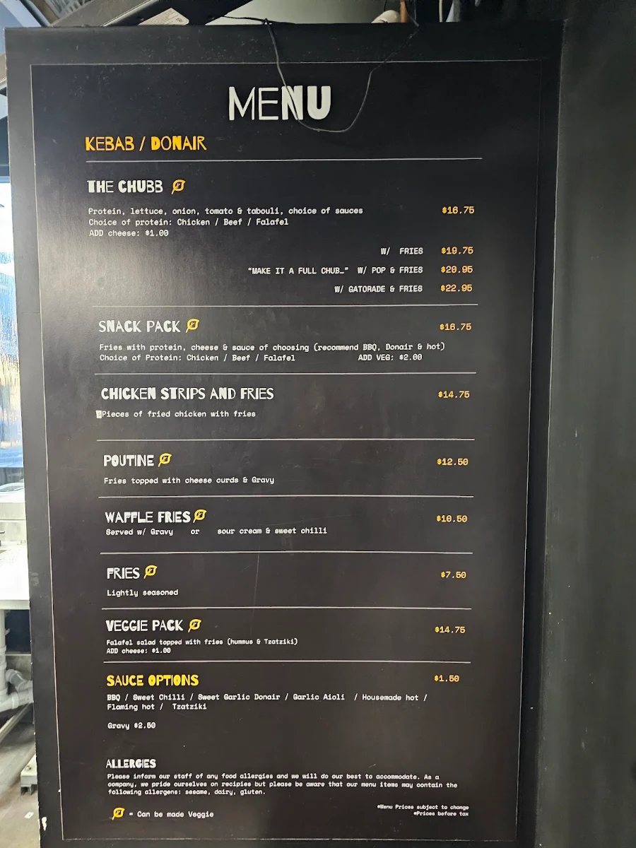 Menu, Chubby Ducks Donair, Kebab & Poutine