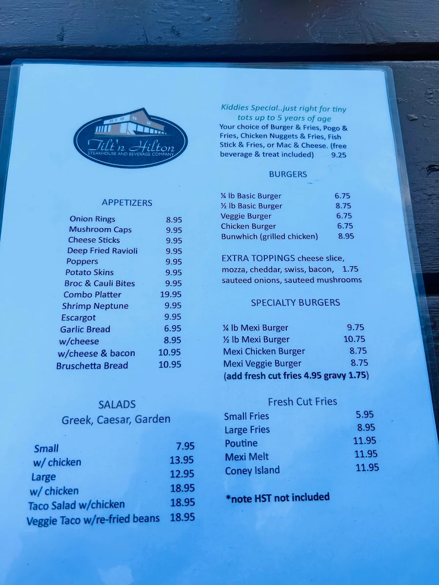 Menu, Tilt'n Hilton Steakhouse