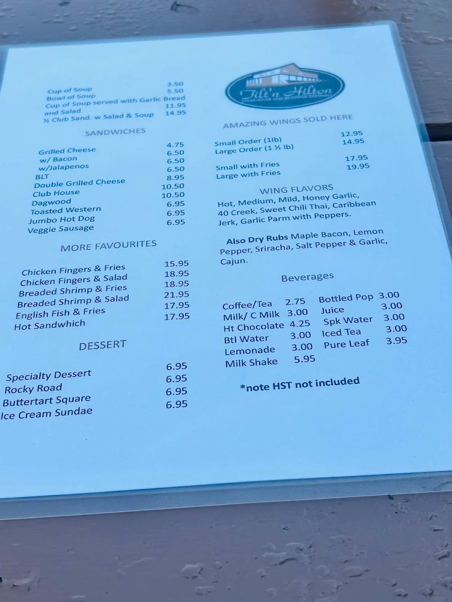 Menu, Tilt'n Hilton Steakhouse