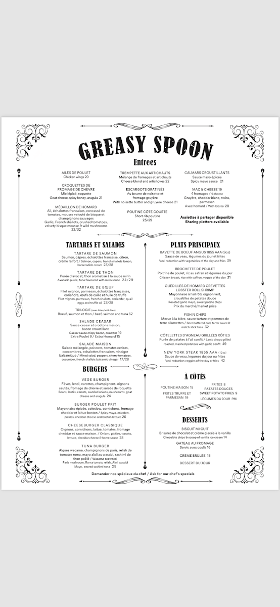 Menu, Restaurant Cuillère Gourmande Greasy Spoon