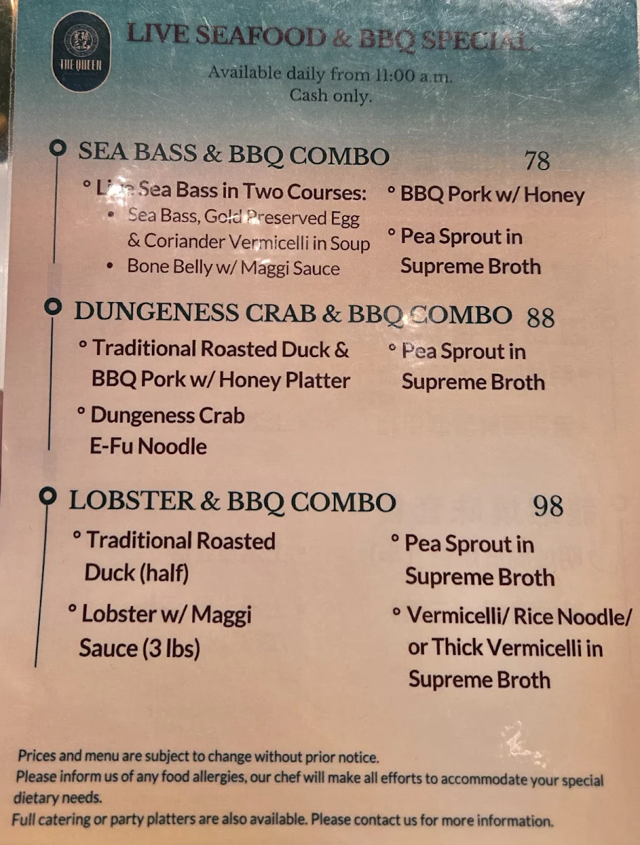 Menu, The Queen Seafood Cuisine