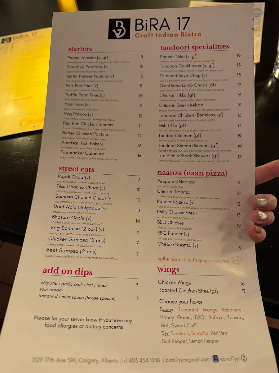 Menu, BiRA 17 | Craft Indian Bistro