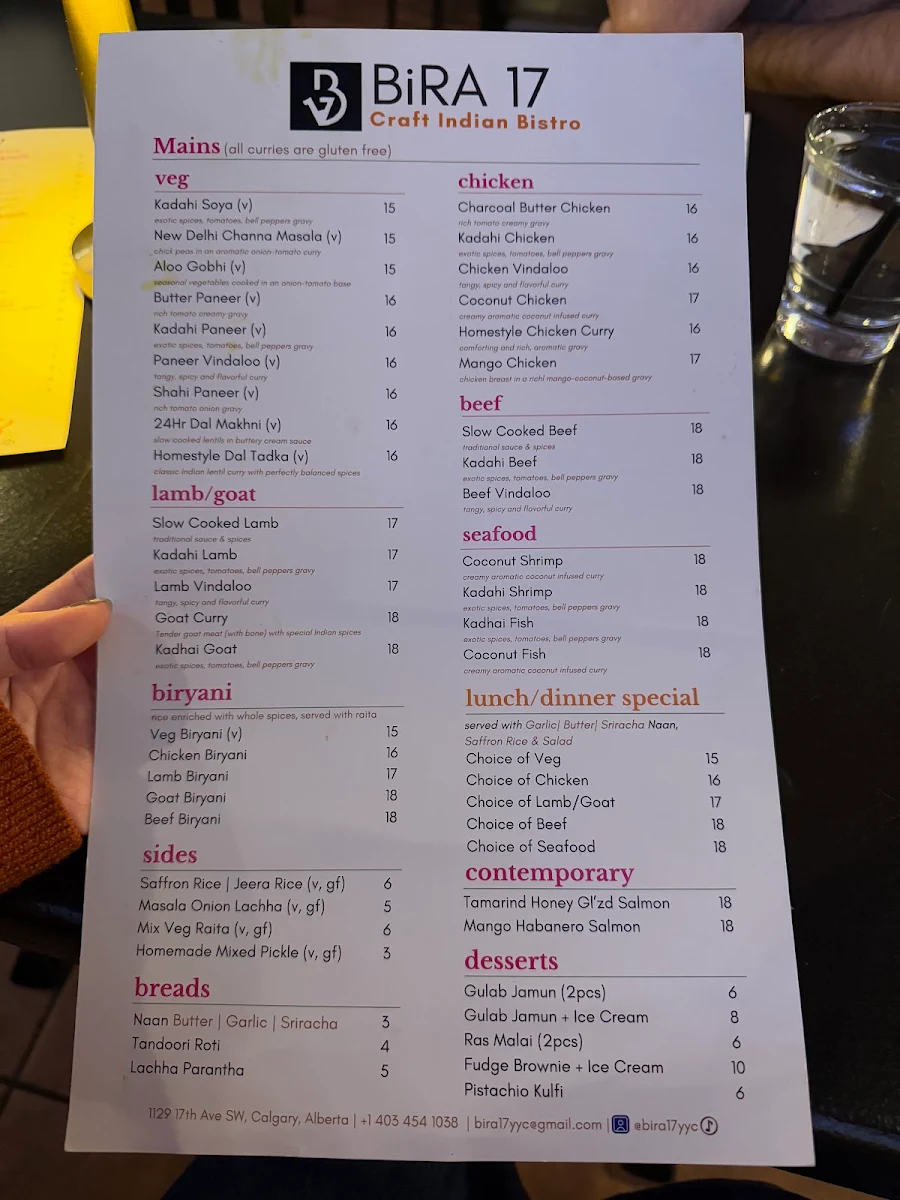 Menu, BiRA 17 | Craft Indian Bistro