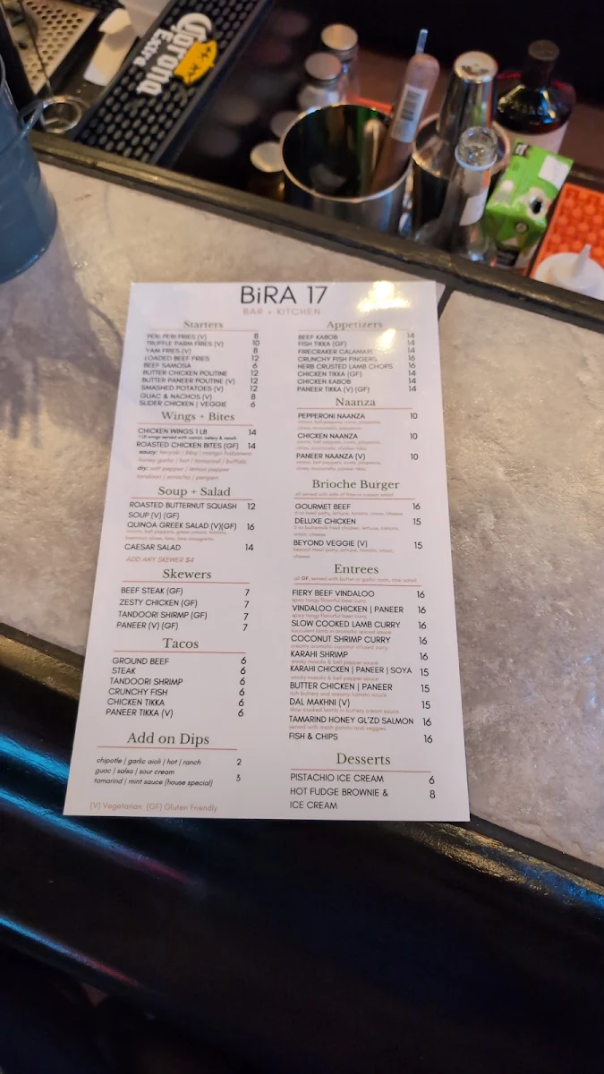 Menu, BiRA 17 | Craft Indian Bistro