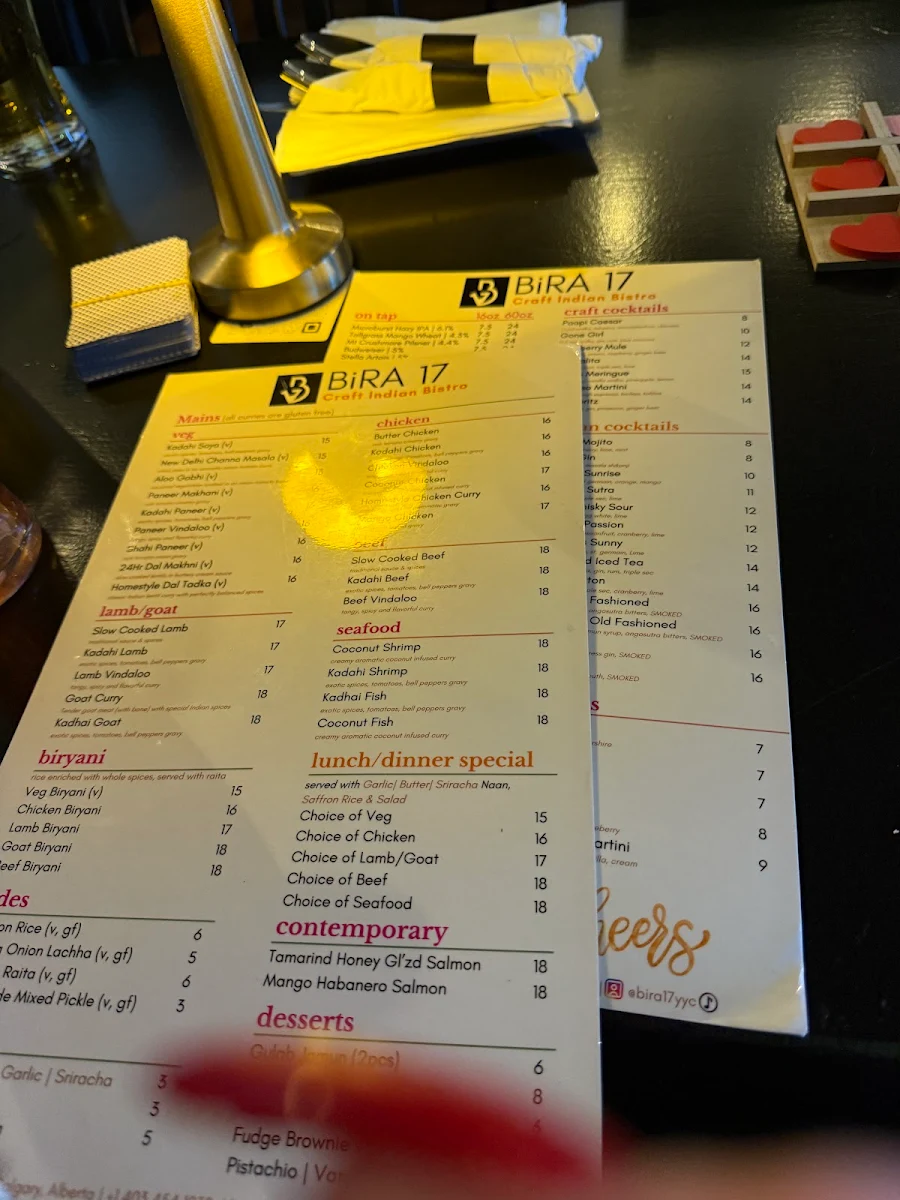 Menu, BiRA 17 | Craft Indian Bistro