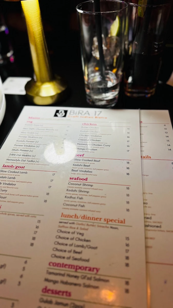 Menu, BiRA 17 | Craft Indian Bistro