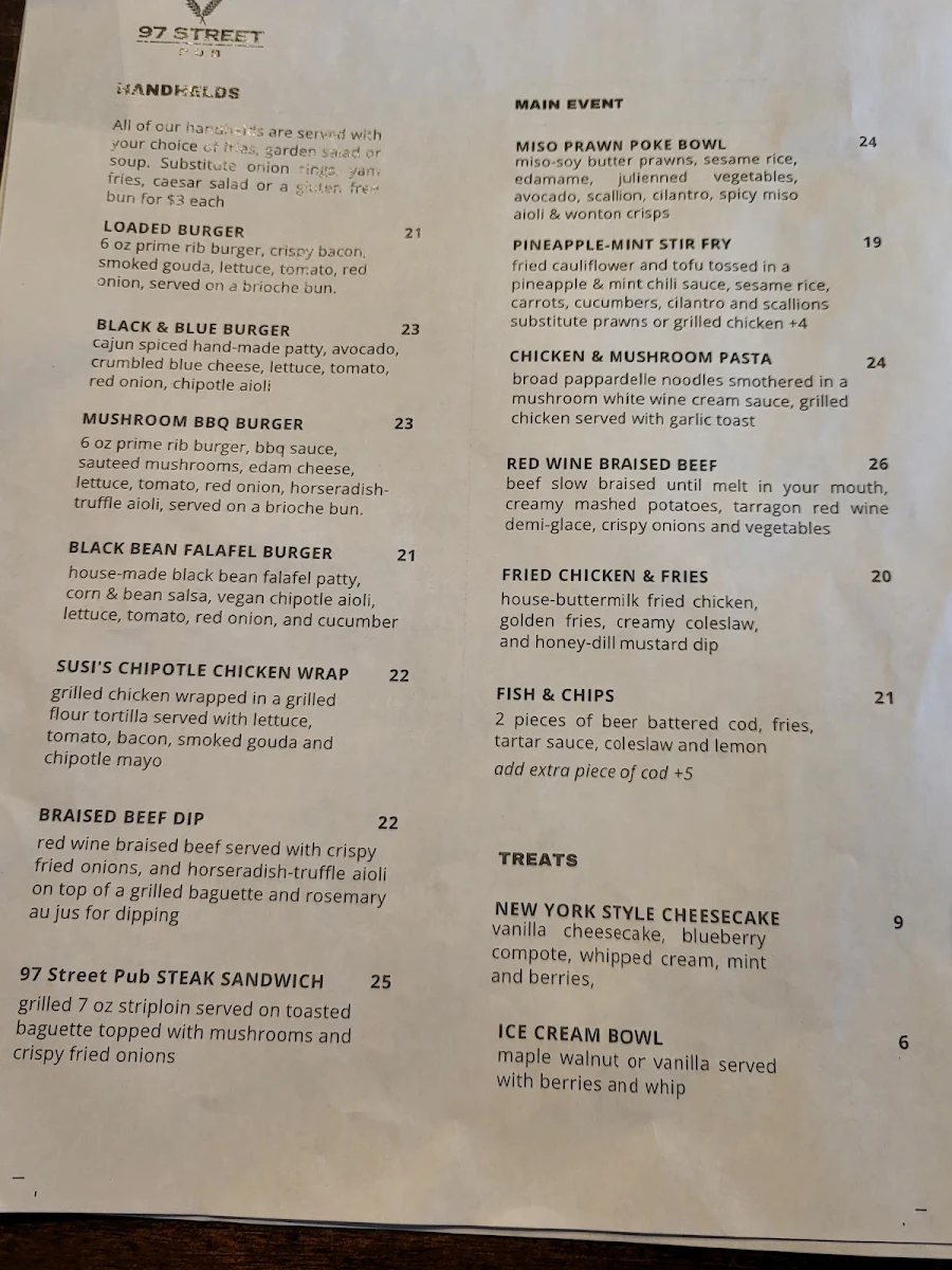 Menu, 97 Street Pub