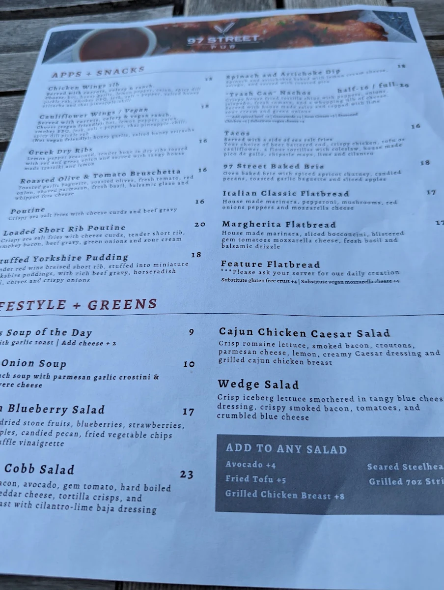 Menu, 97 Street Pub