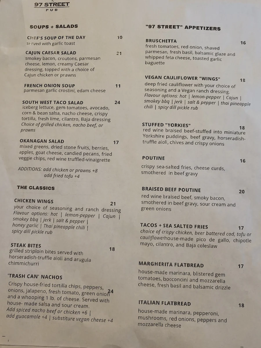 Menu, 97 Street Pub