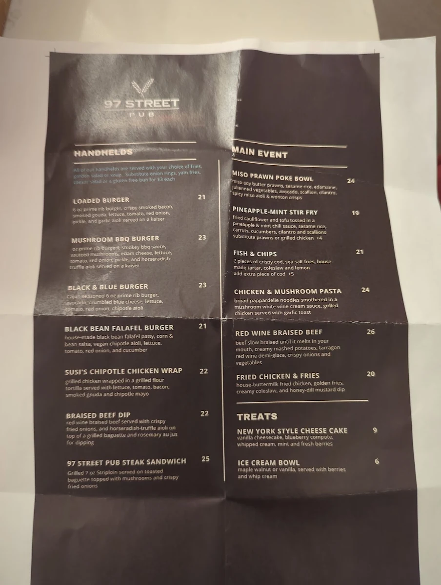 Menu, 97 Street Pub