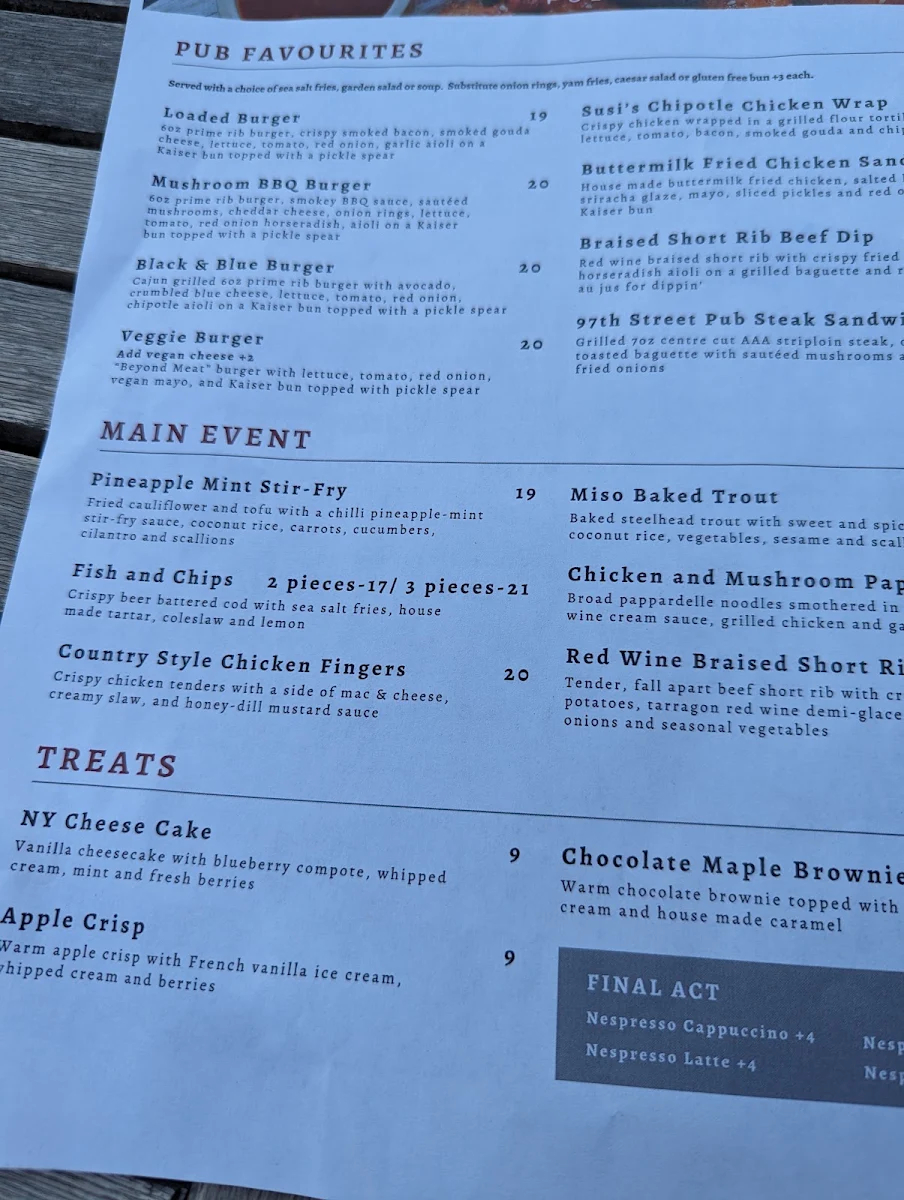 Menu, 97 Street Pub