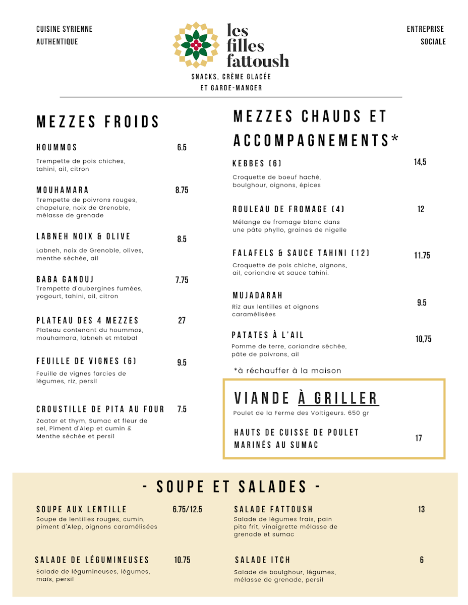 Menu, Les Filles Fattoush - Café-boutique
