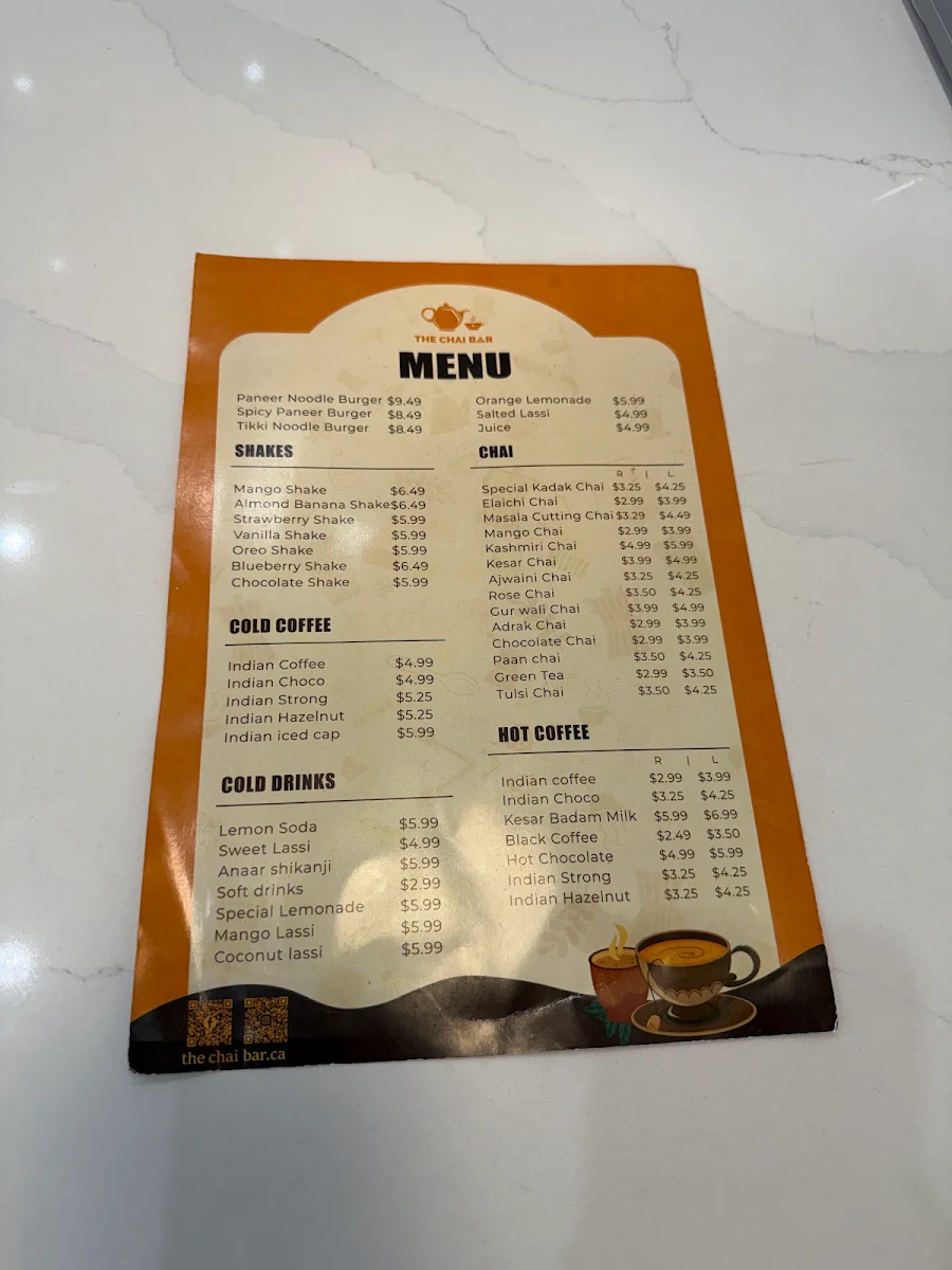 Menu, The Chai Bar