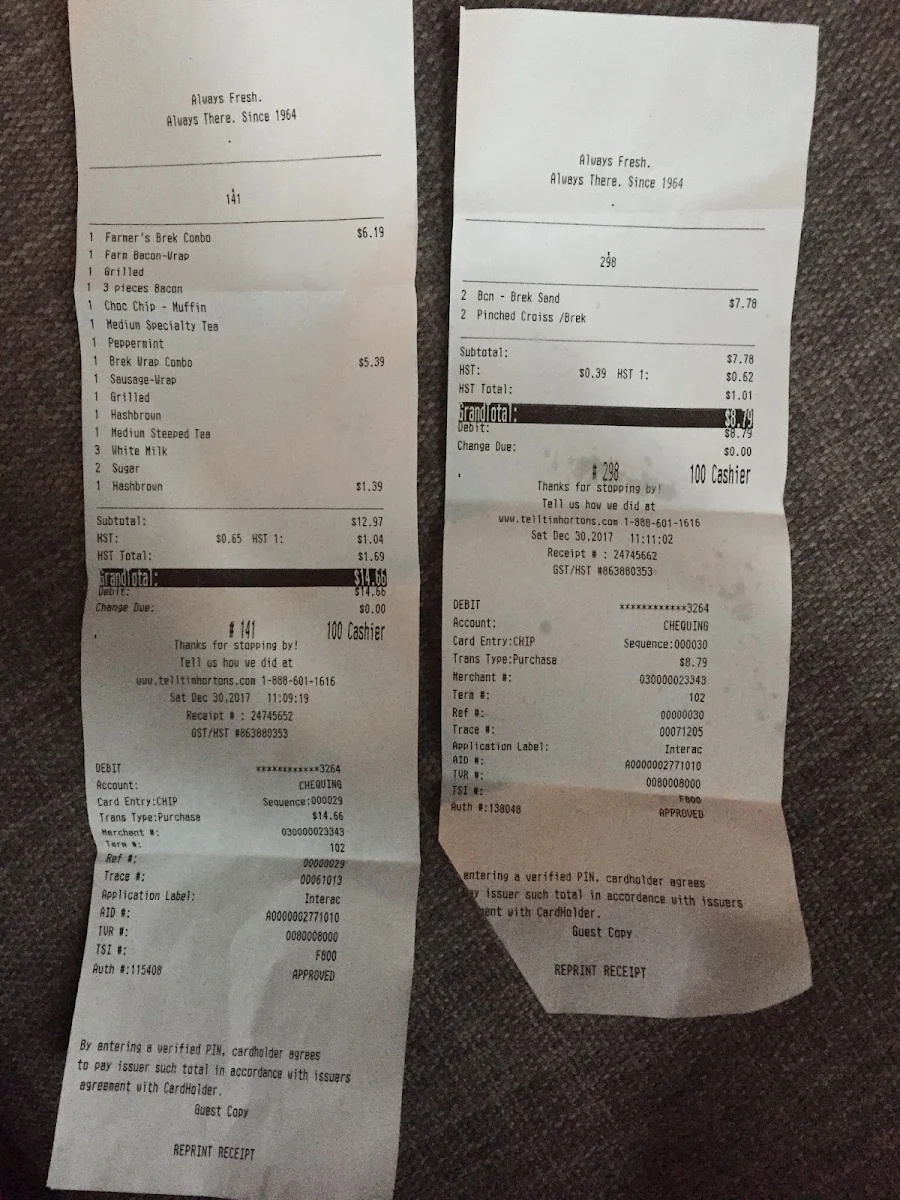 Menu, Tim Hortons
