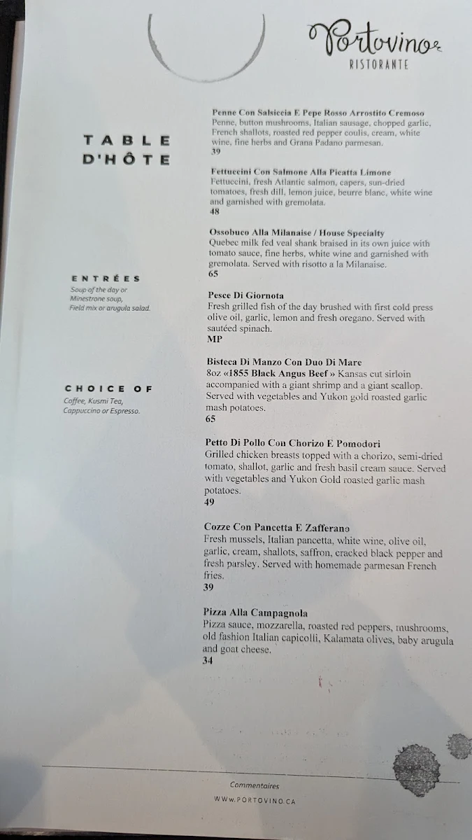 Menu, Ristorante Portovino