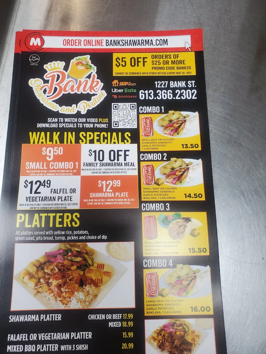 Menu, Bank Shawarma & Poutine
