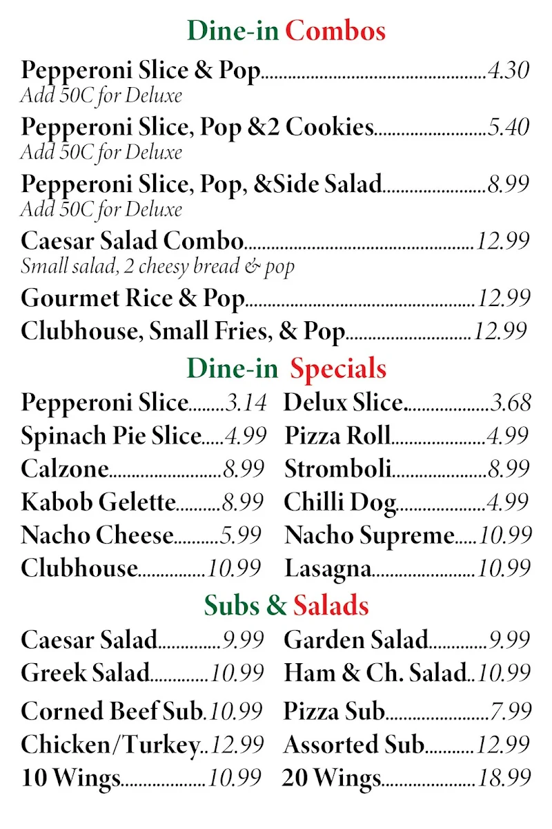 Menu, Pizzaway