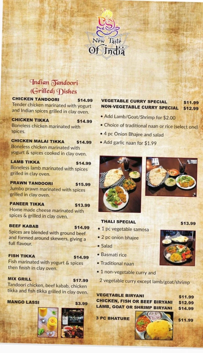 Menu, New Taste Of India Restaurant