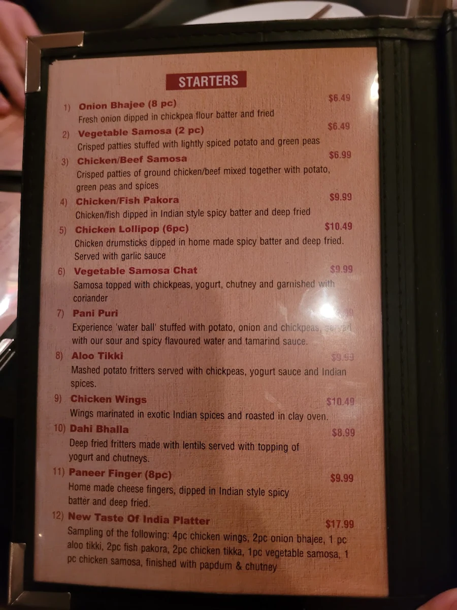 Menu, New Taste Of India Restaurant