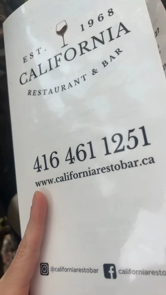 Menu, California Restaurant & Bar