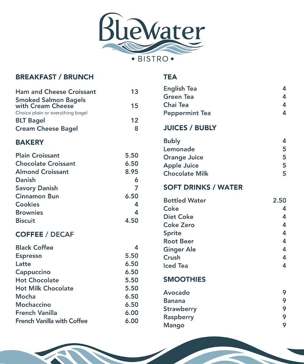 Menu, Bluewater Bistro