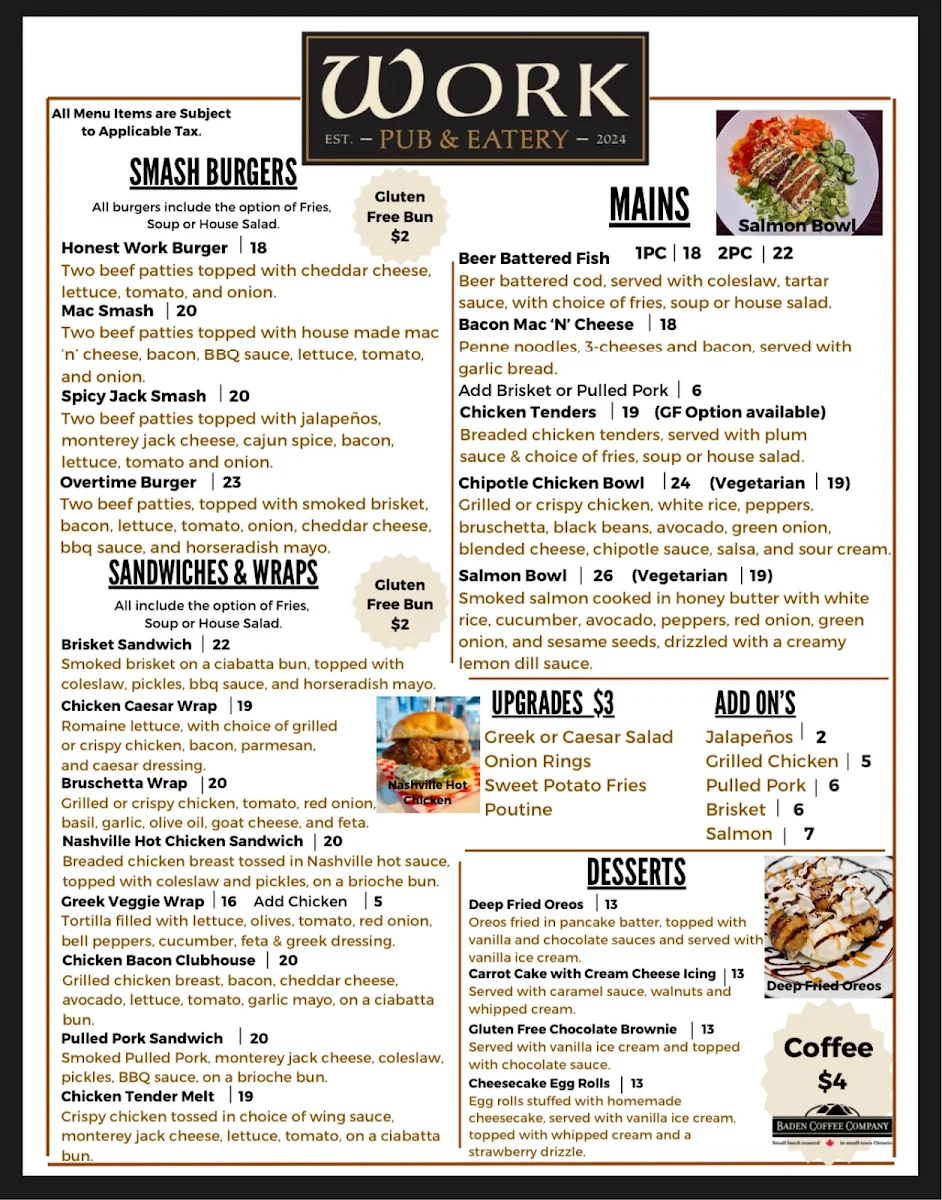 Menu, Work Pub & Eatery