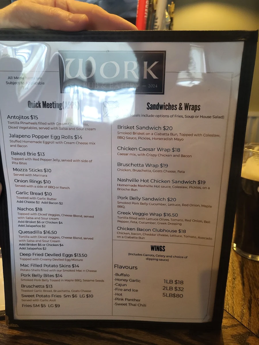 Menu, Work Pub & Eatery