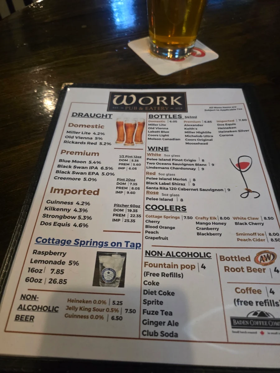 Menu, Work Pub & Eatery
