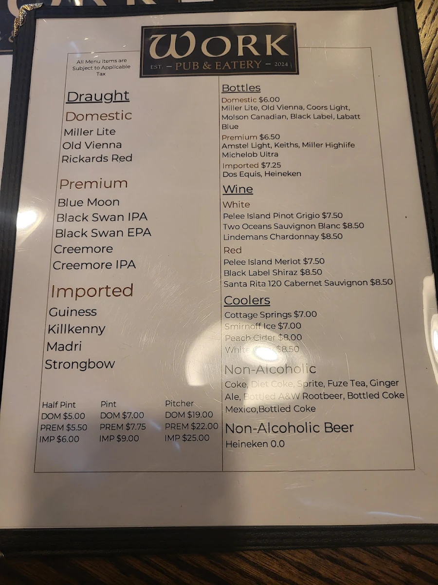 Menu, Work Pub & Eatery