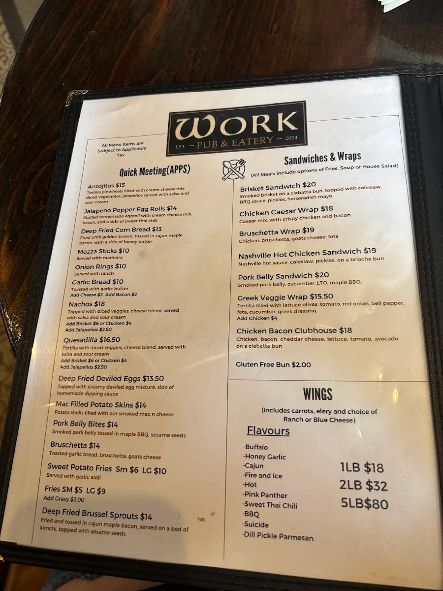 Menu, Work Pub & Eatery