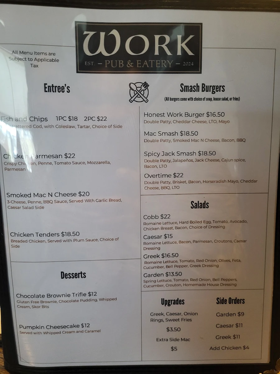 Menu, Work Pub & Eatery