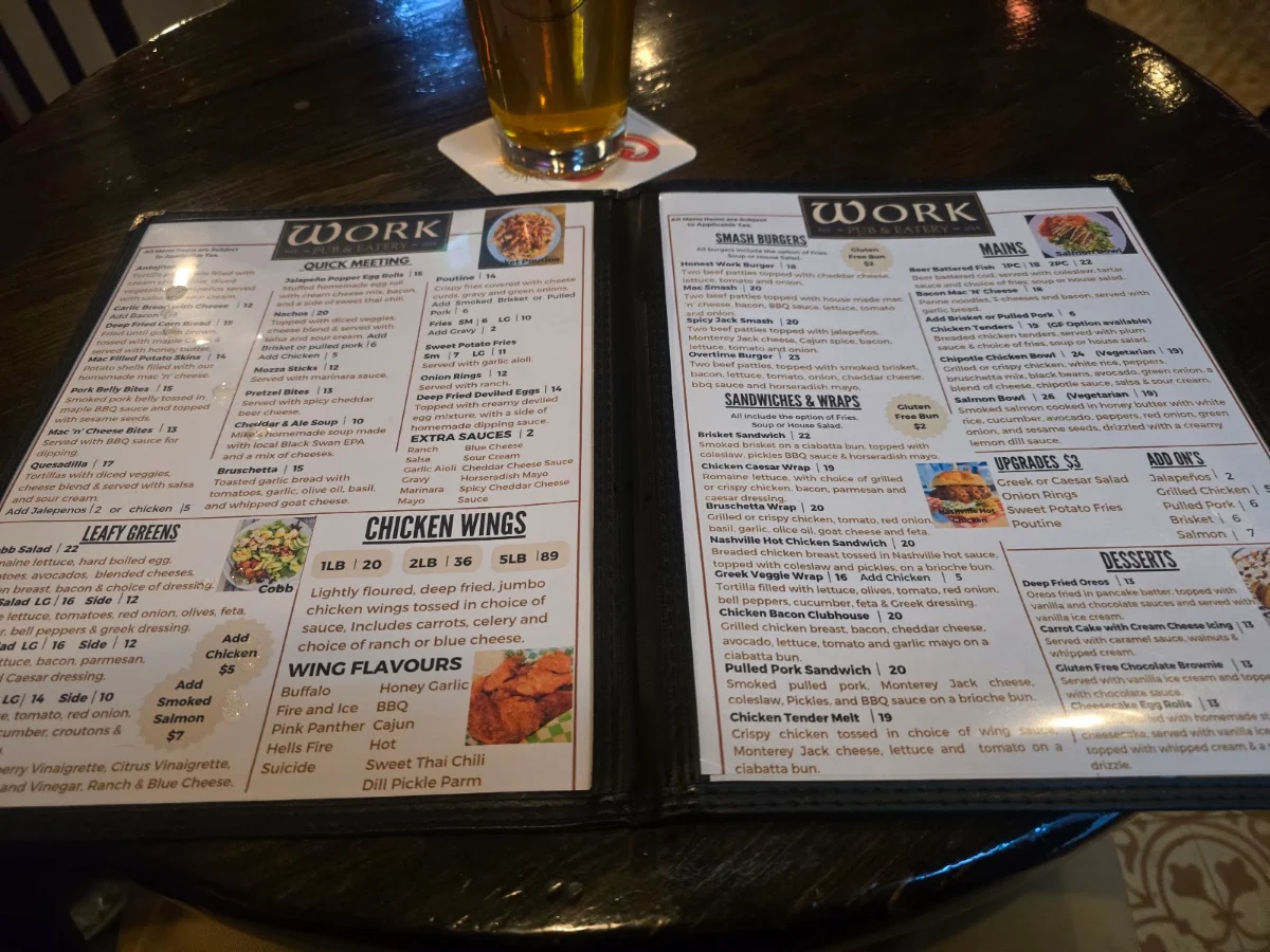 Menu, Work Pub & Eatery