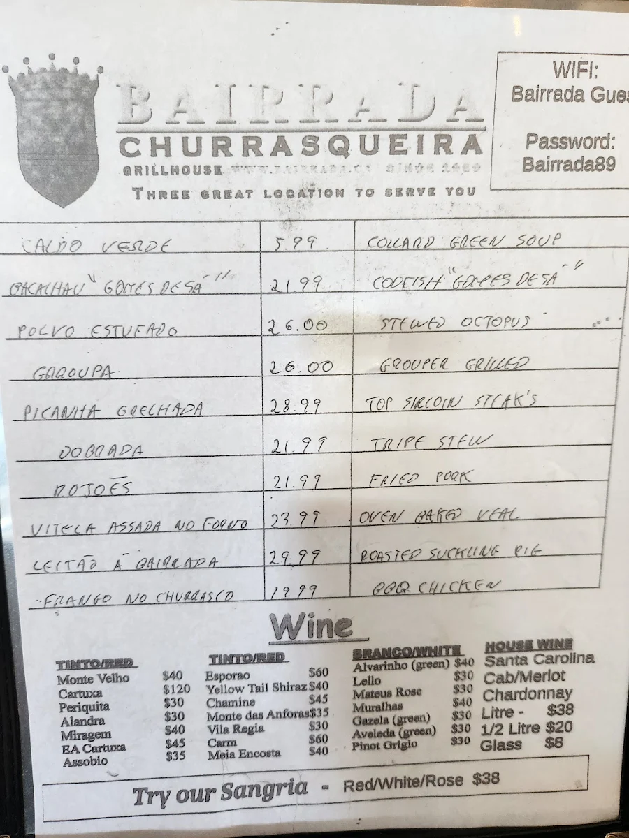 Menu, Bairrada Churrasqueira